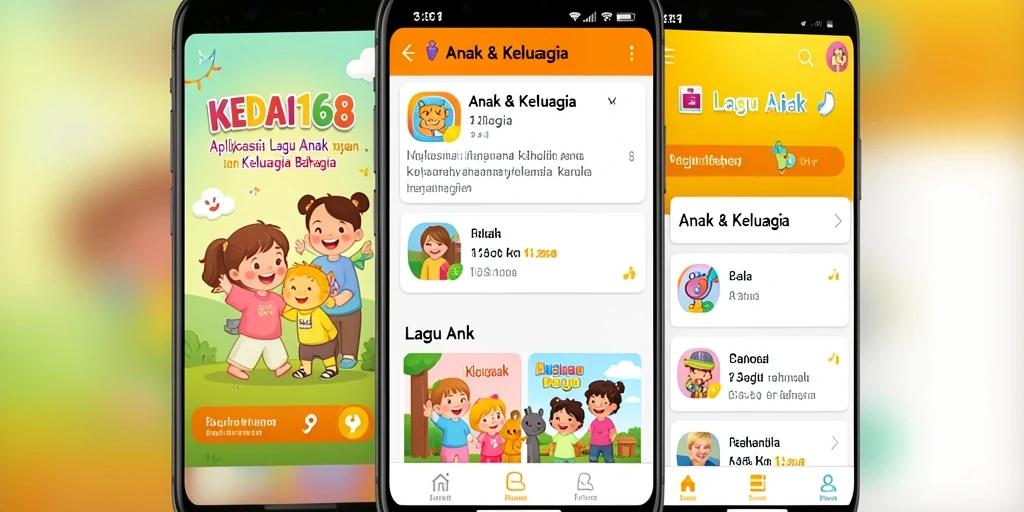 Antarmuka KEDAI168 menampilkan pilihan lagu anak yang ceria.