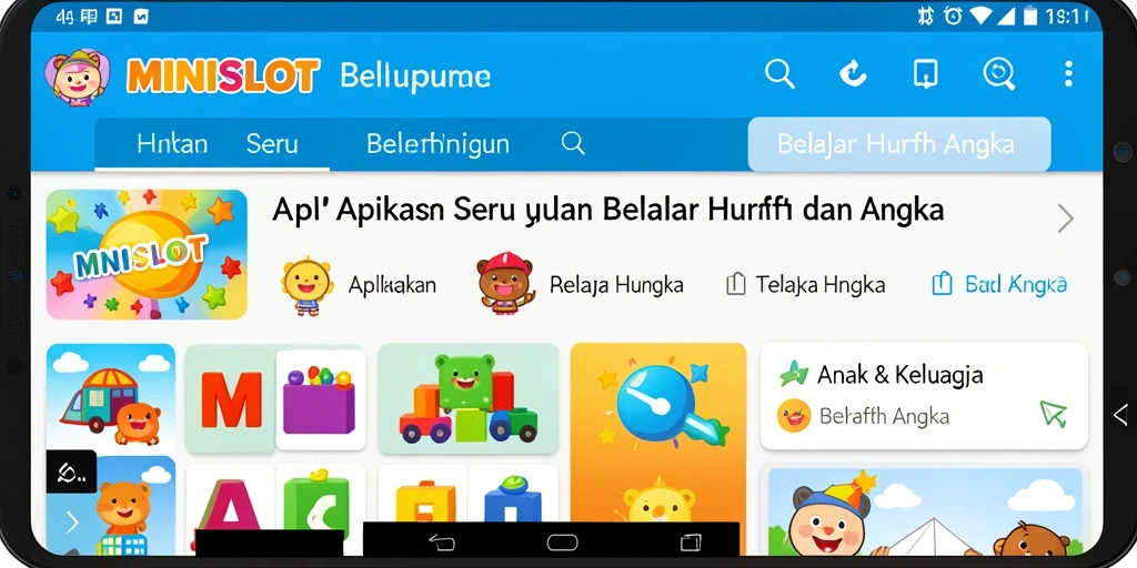 Antarmuka aplikasi MINISLOT yang menarik untuk belajar huruf dan angka.