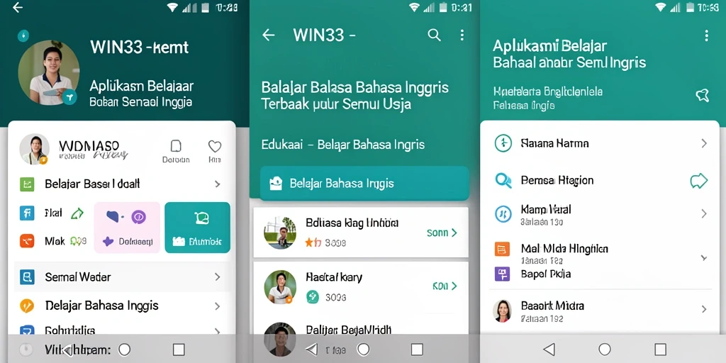Antarmuka aplikasi WIN33 yang intuitif dan menyenangkan untuk belajar bahasa Inggris.